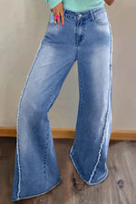 Raw Hem Wide Leg Jeans with Pockets - Amexza