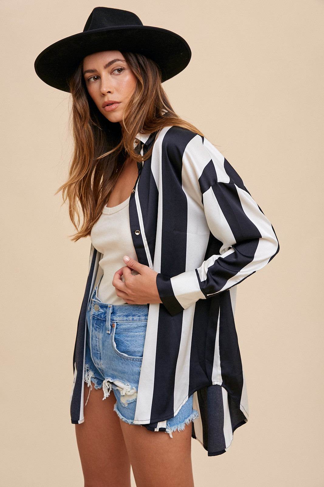 Annie Wear Striped Dropped Shoulder Button Up Shirt for a perfect OOTD – dress to impress outfits from Amexza