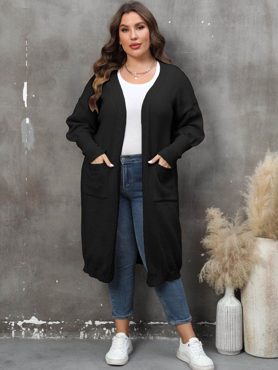 Plus Size Long Sleeve Pocketed Cardigan Black for a perfect OOTD – dress to impress outfits from Amexza