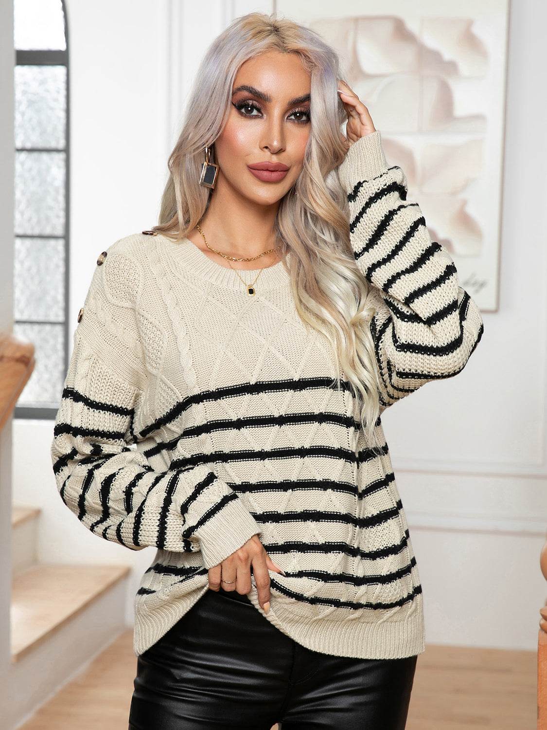 Striped Round Neck Cable-Knit Sweater Beige for a perfect OOTD – dress to impress outfits from Amexza