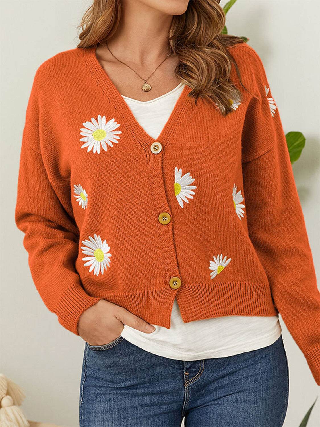 Flower Button Front Dropped Shoulder Cardigan Orange for a perfect OOTD – dress to impress outfits from Amexza