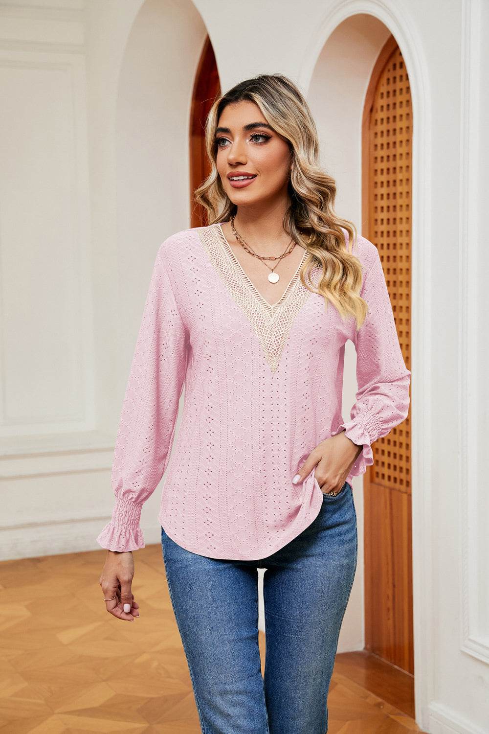 Contrast Flounce Sleeve Blouse Blush Pink for a perfect OOTD – dress to impress outfits from Amexza