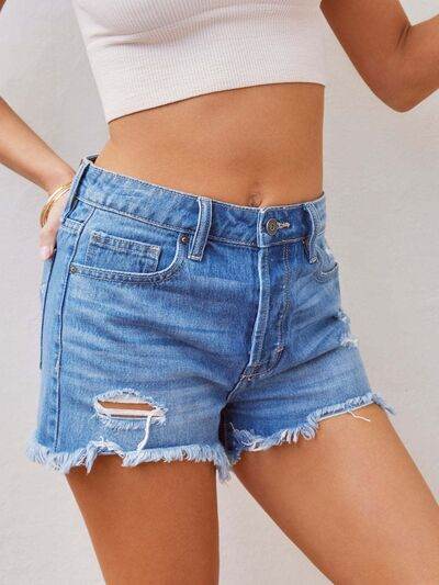 Distressed Raw Hem Denim Shorts - Amexza