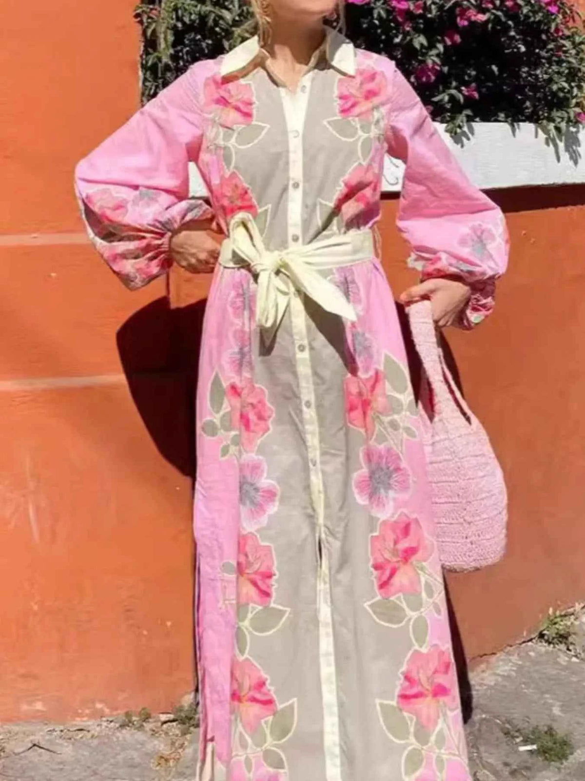 Floral Print Long Sleeve Maxi Shirt Dress