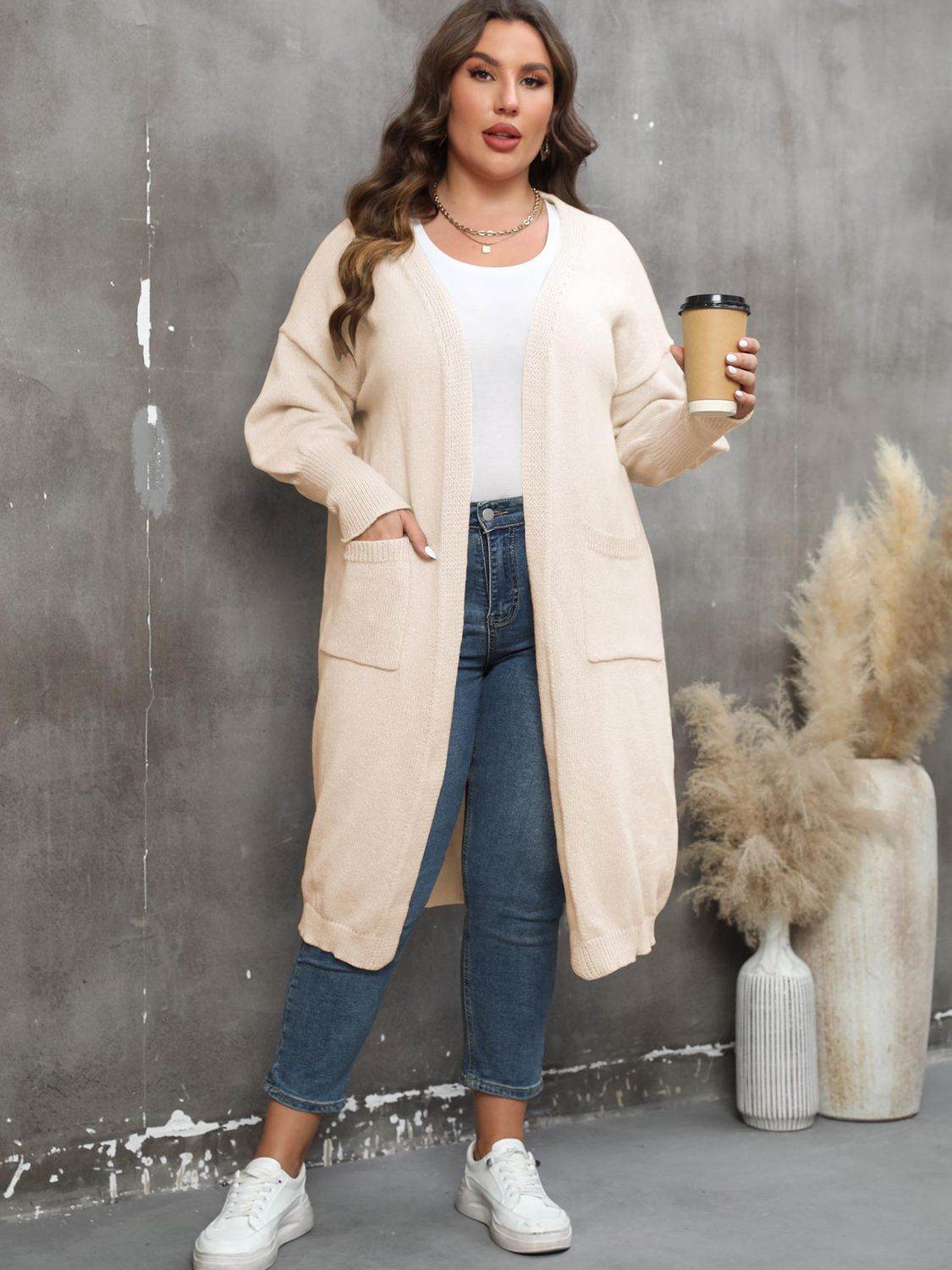 Plus Size Long Sleeve Pocketed Cardigan Cream for a perfect OOTD – dress to impress outfits from Amexza