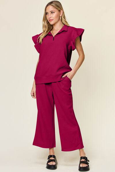 Double Take Texture Ruffle Short Sleeve Top and Drawstring Wide Leg Pants Set Deep Rose for a perfect OOTD – dress to impress outfits from Amexza