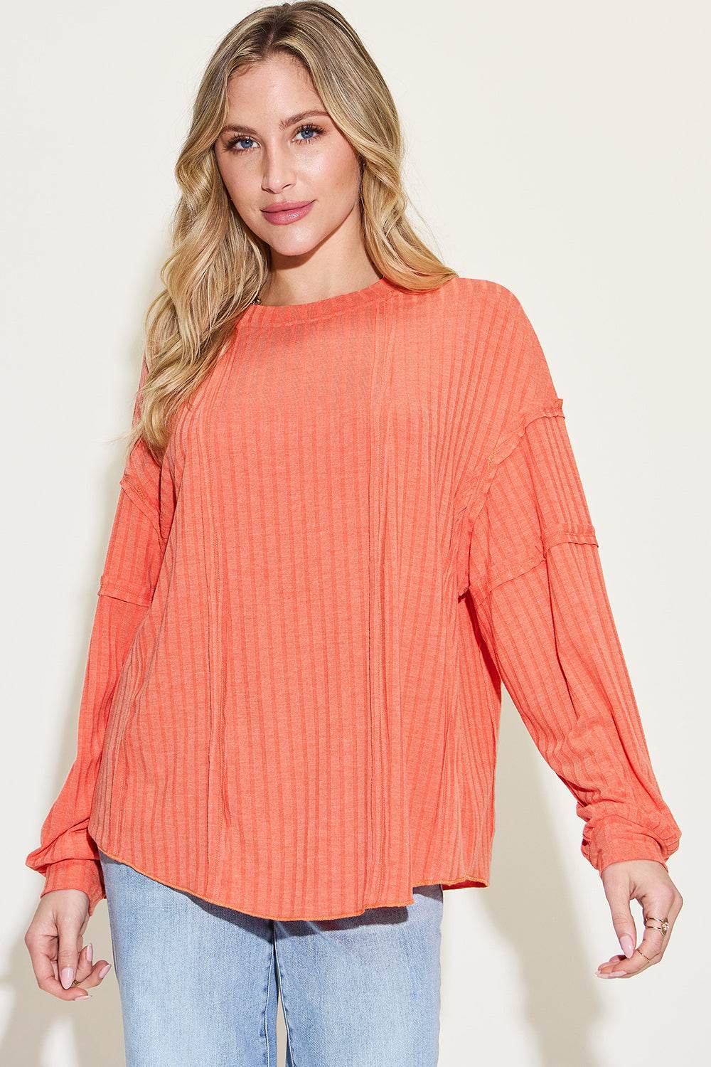 Basic Bae Full Size Ribbed Round Neck Long Sleeve T-Shirt for a perfect OOTD – dress to impress outfits from Amexza