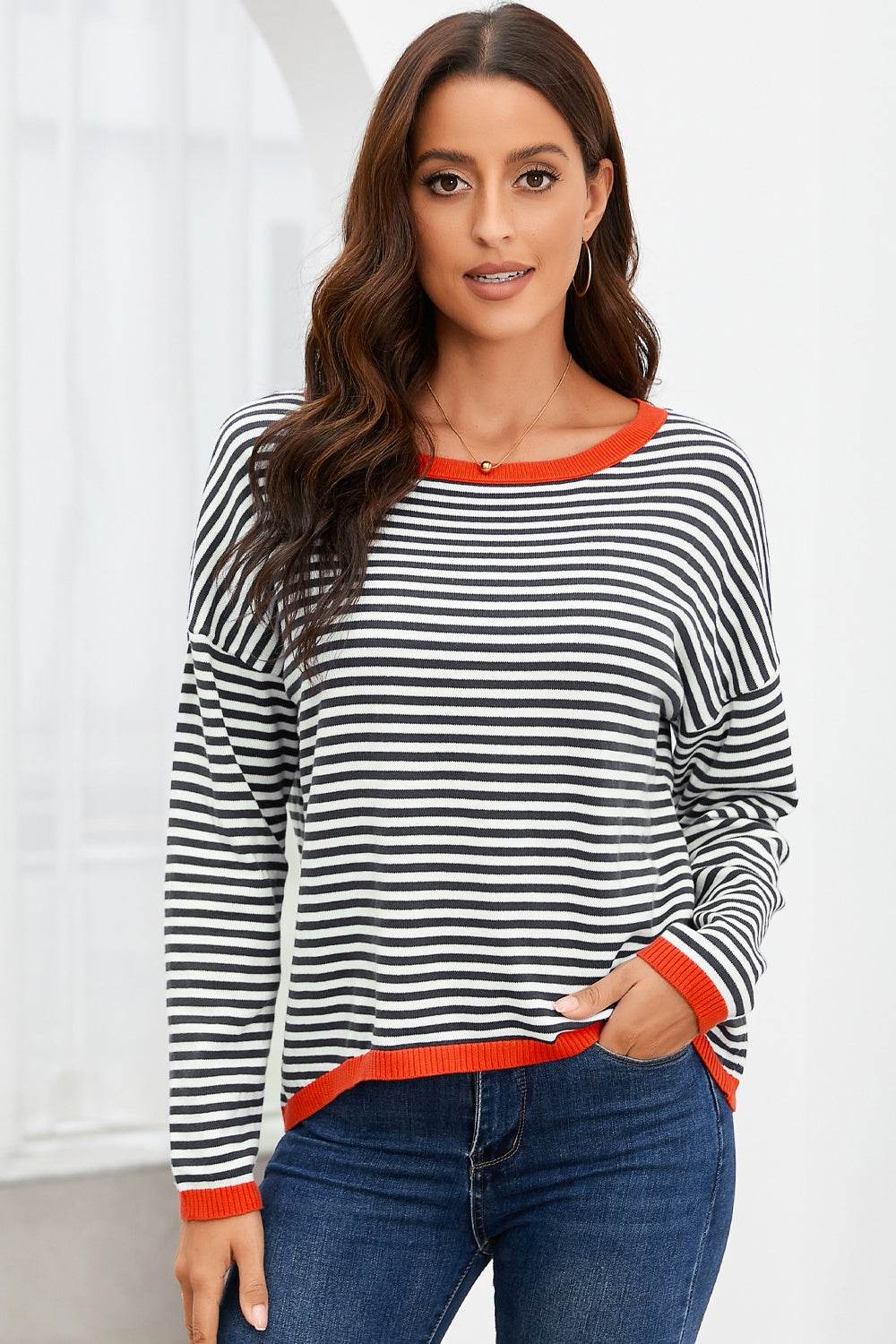 Striped Round Neck Drop Shoulder T-Shirt for a perfect OOTD – dress to impress outfits from Amexza