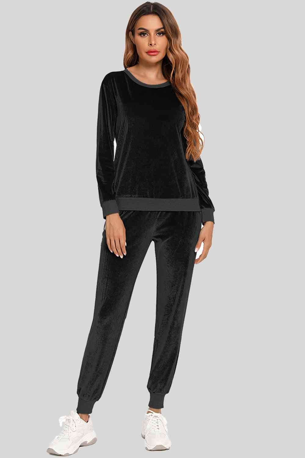 Round Neck Long Sleeve Loungewear Set with Pockets Black for a perfect OOTD – dress to impress outfits from Amexza