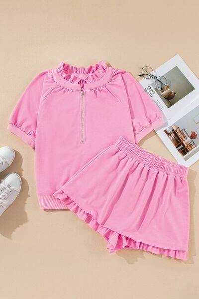 Half Zip Puff Sleeve Top and Ruffled Shorts Set for a perfect OOTD – dress to impress outfits from Amexza