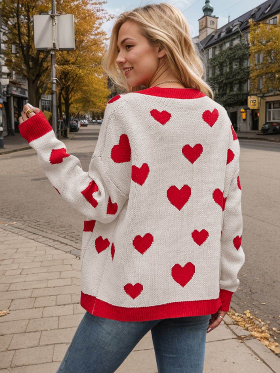 Heart Button Up Dropped Shoulder Long Sleeve Cardigan for a perfect OOTD – dress to impress outfits from Amexza