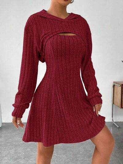 Wide Strap Dress and Long Sleeve Hooded Top Set - Amexza