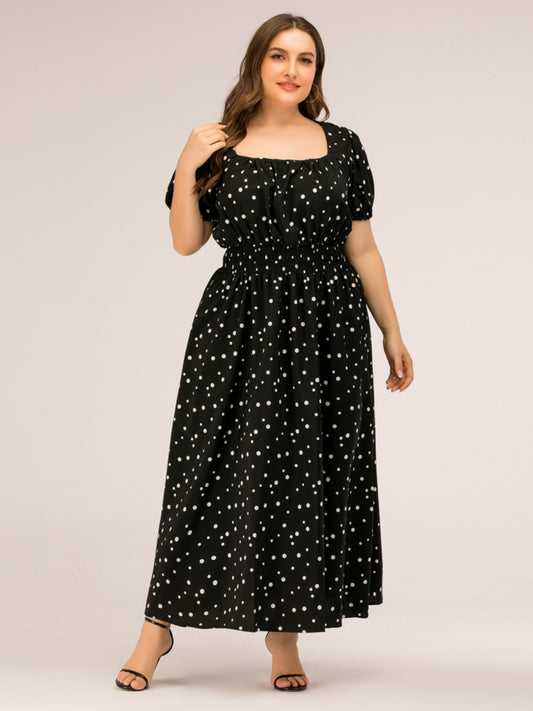 Plus Size Polka Dot Square Neck Dress - Black / 1XL