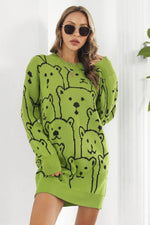 Bear Pattern Round Neck Sweater Dress Yellow-Green for a perfect OOTD – dress to impress outfits from Amexza