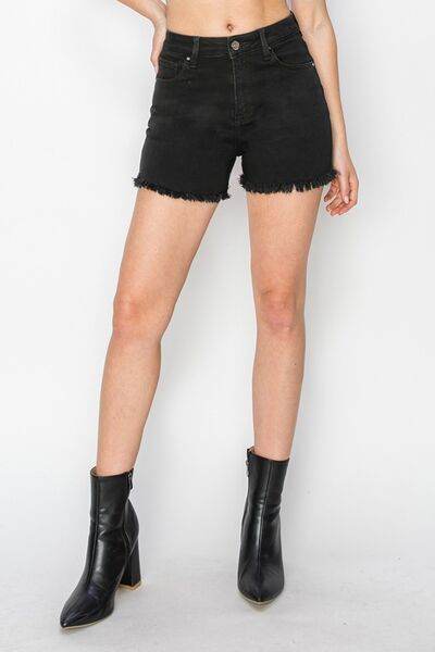 RISEN Full Size High Waist Raw Hem Denim Shorts - Amexza