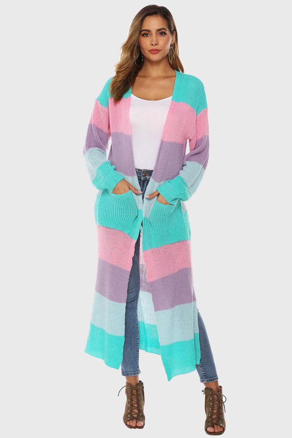 Color Block Long Sleeve Pocketed Cardigan Aqua for a perfect OOTD – dress to impress outfits from Amexza