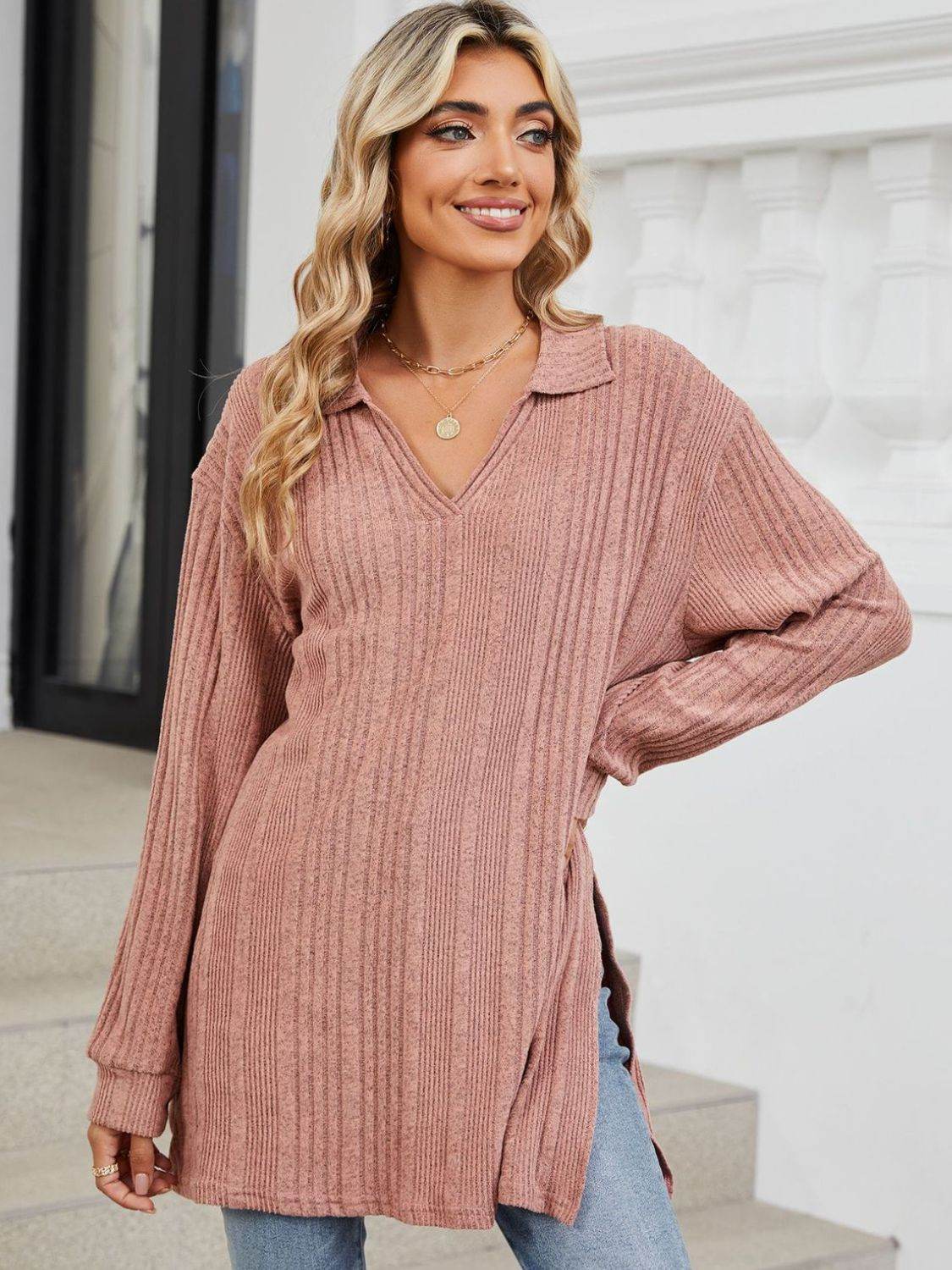 Slit Johnny Collar Long Sleeve T-Shirt for a perfect OOTD – dress to impress outfits from Amexza