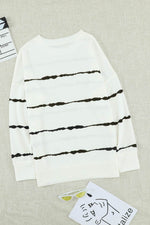 Slit Contrast Striped Round Neck Long Sleeve T-Shirt - Amexza