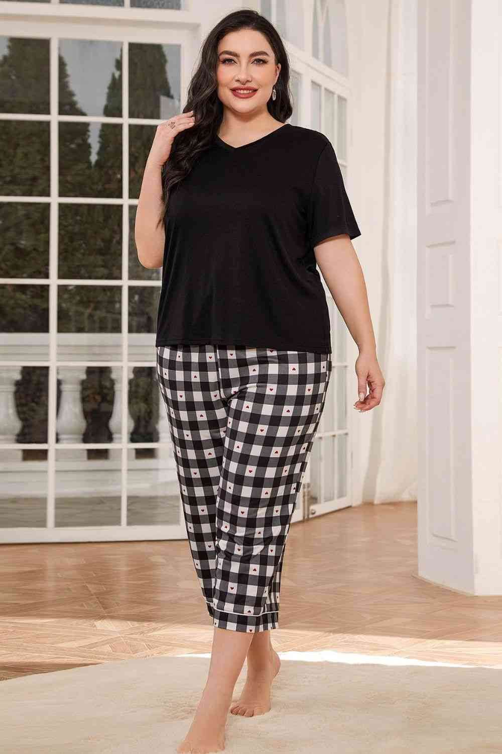 V-Neck Tee and Plaid Cropped Pants Lounge Set Black for a perfect OOTD – dress to impress outfits from Amexza