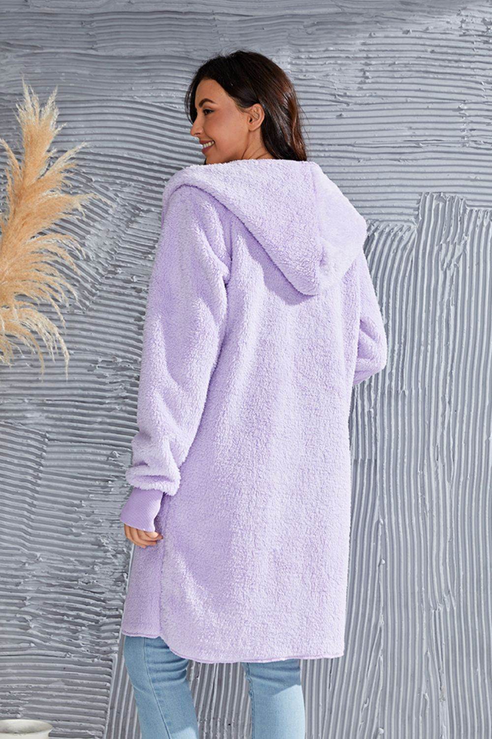 Double Take Full Size Hooded Teddy Bear Jacket with Thumbholes for a perfect OOTD – dress to impress outfits from Amexza