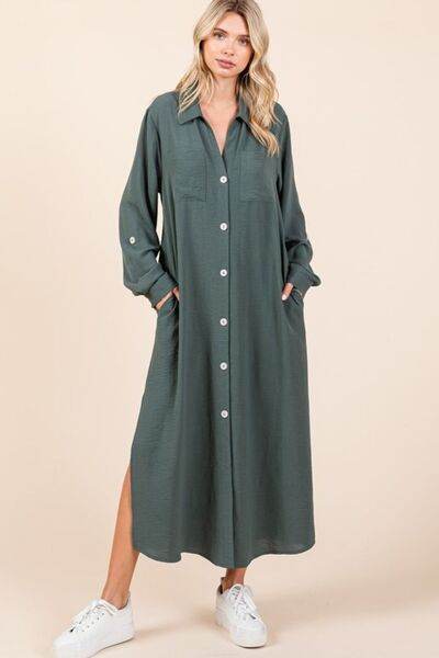 Mittoshop Airflow V-Neck Long Sleeve Button Down Maxi Dress Lt Hunter for a perfect OOTD – dress to impress outfits from Amexza