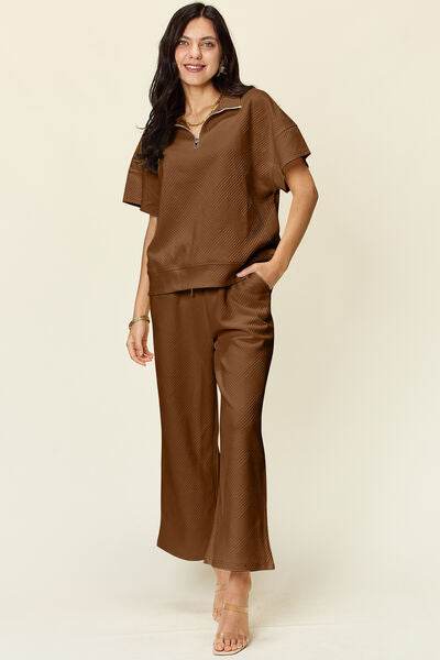 Double Take Full Size Texture Half Zip Short Sleeve Top and Pants Set Mocha for a perfect OOTD – dress to impress outfits from Amexza