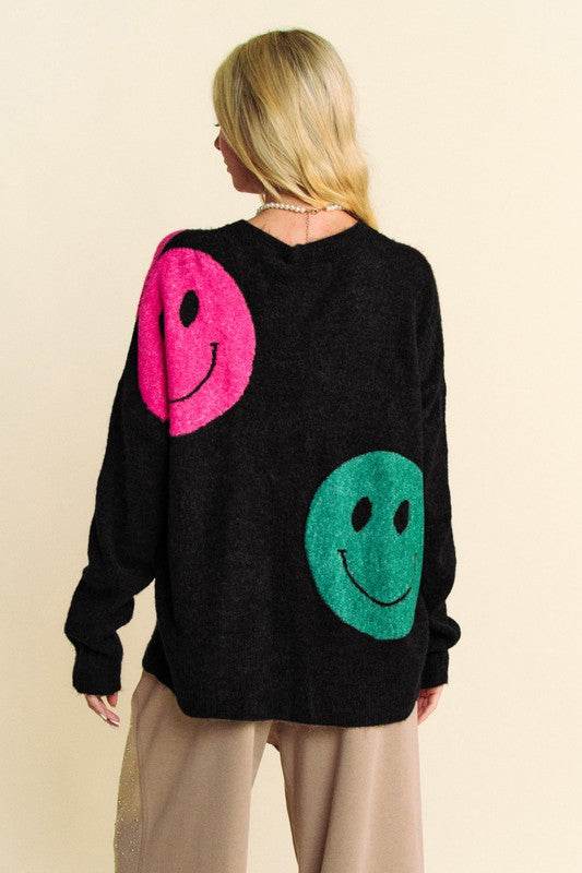 Davi & Dani Contrast Smile Round Neck Oversize Sweater - Amexza