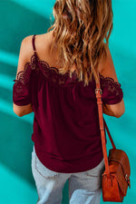 Spaghetti Strap Cold-Shoulder Lace Trim Blouse - Amexza