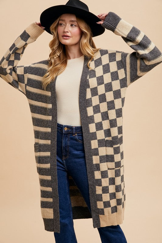 Annie Wear Checkered & Striped Open Front Long Sleeve Cardigan for a perfect OOTD – dress to impress outfits from Amexza