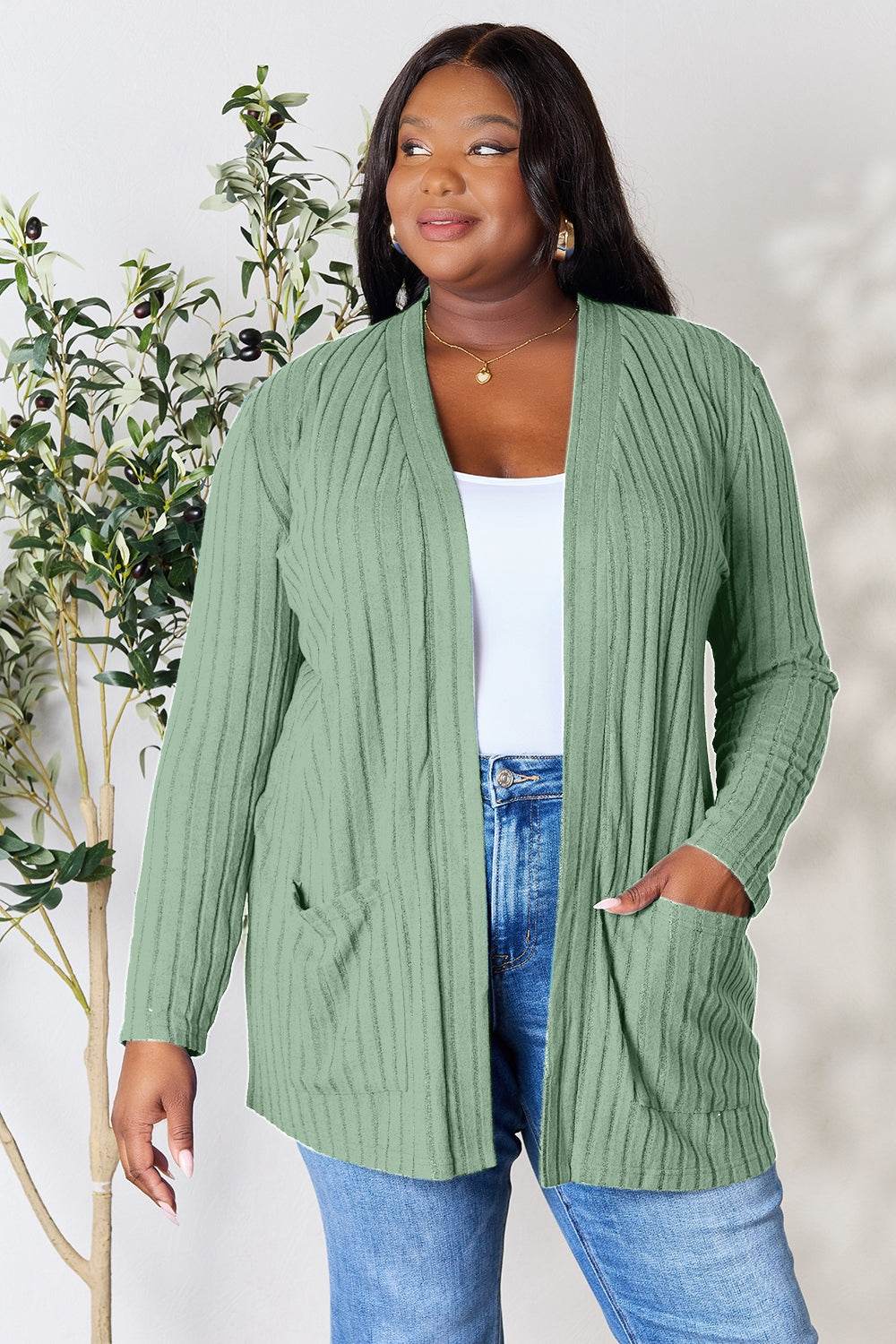 Basic Bae Full Size Ribbed Open Front Cardigan with Pockets Light Green for a perfect OOTD – dress to impress outfits from Amexza