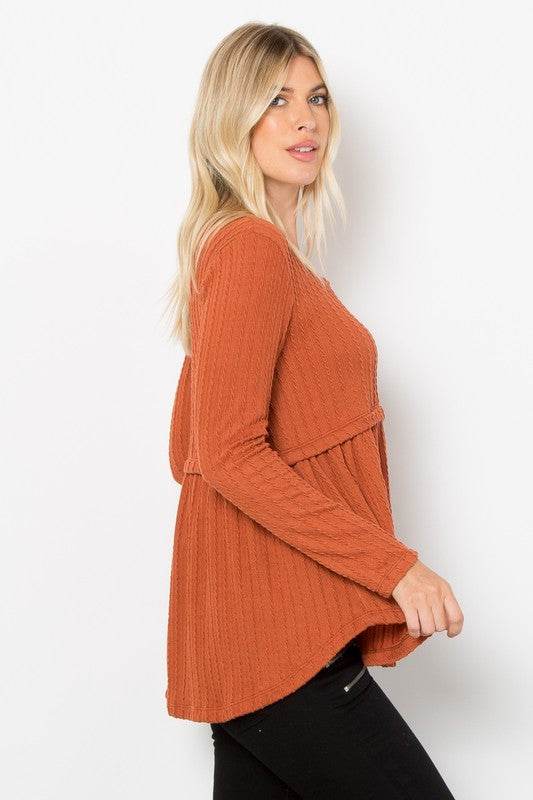 Be Stage Full Size Texture Babydoll Round Neck Long Sleeve Knit Top for a perfect OOTD – dress to impress outfits from Amexza