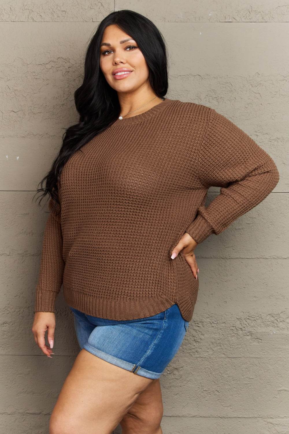 Zenana Breezy Days Plus Size High Low Waffle Knit Sweater - Amexza