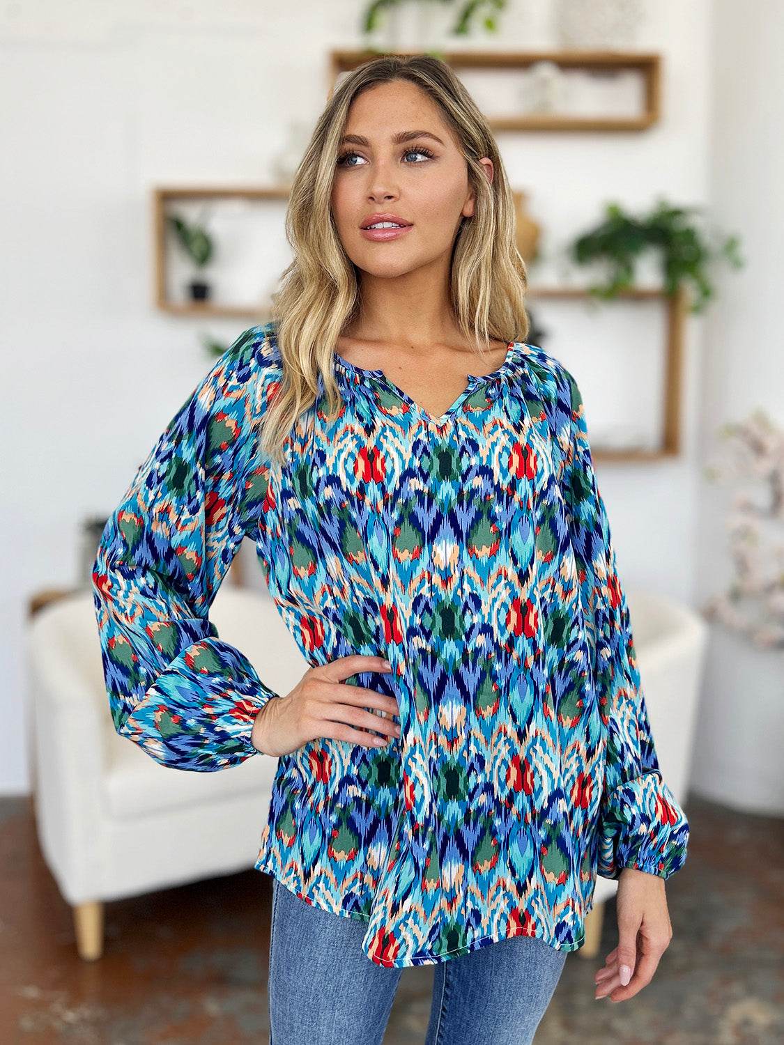 Double Take Full Size Printed Balloon Sleeve Blouse for a perfect OOTD – dress to impress outfits from Amexza