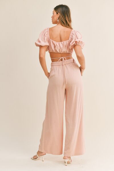 MABLE Cut Out Drawstring Crop Top and Belted Pants Set for a perfect OOTD – dress to impress outfits from Amexza