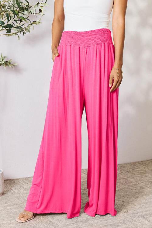 Basic Bae Full Size Smocked Wide Waistband Wide Leg Pants Hot Pink for a perfect OOTD – dress to impress outfits from Amexza