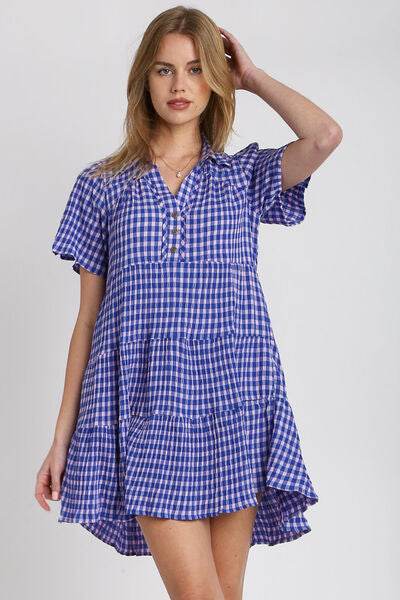 Umgee Full Size Gingham Tiered Button Detail Short Sleeve Dress Plus Size Blue for a perfect OOTD – dress to impress outfits from Amexza