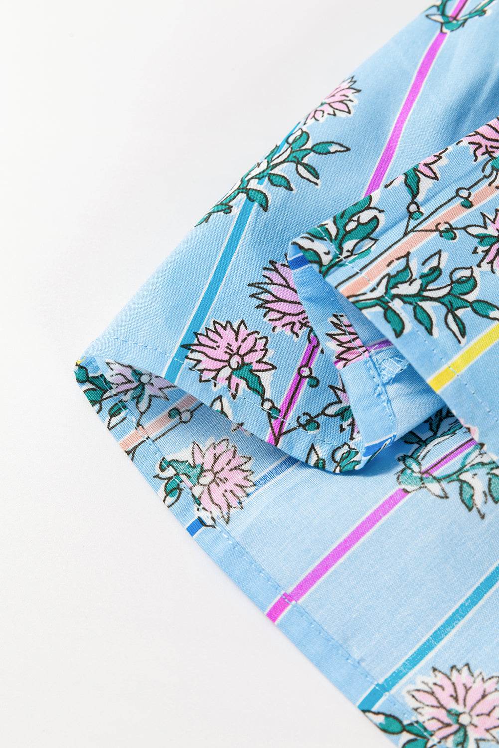 Smocked Floral Print Tie Neck Blouse - Amexza