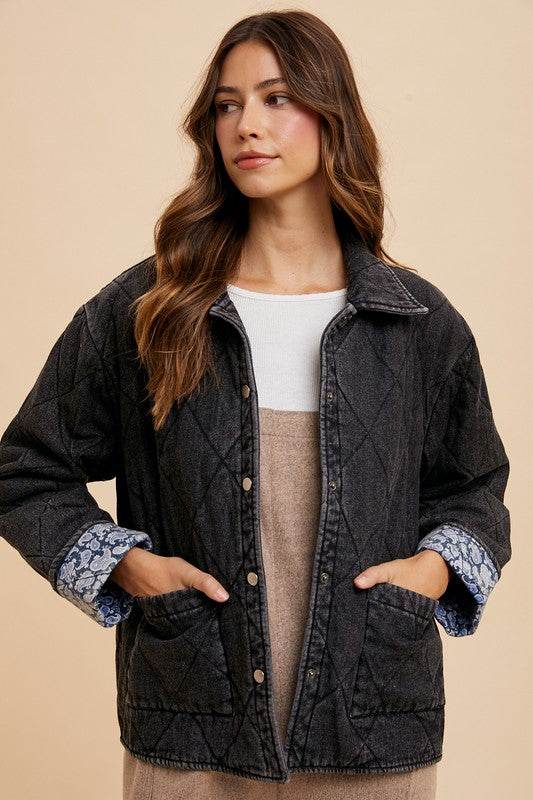 Annie Wear Quilted Printed Lining Snap Down Denim Jacket Black for a perfect OOTD – dress to impress outfits from Amexza