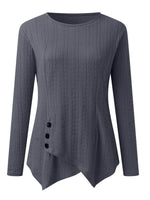 Decorative Button Round Neck Long Sleeve Top - Amexza