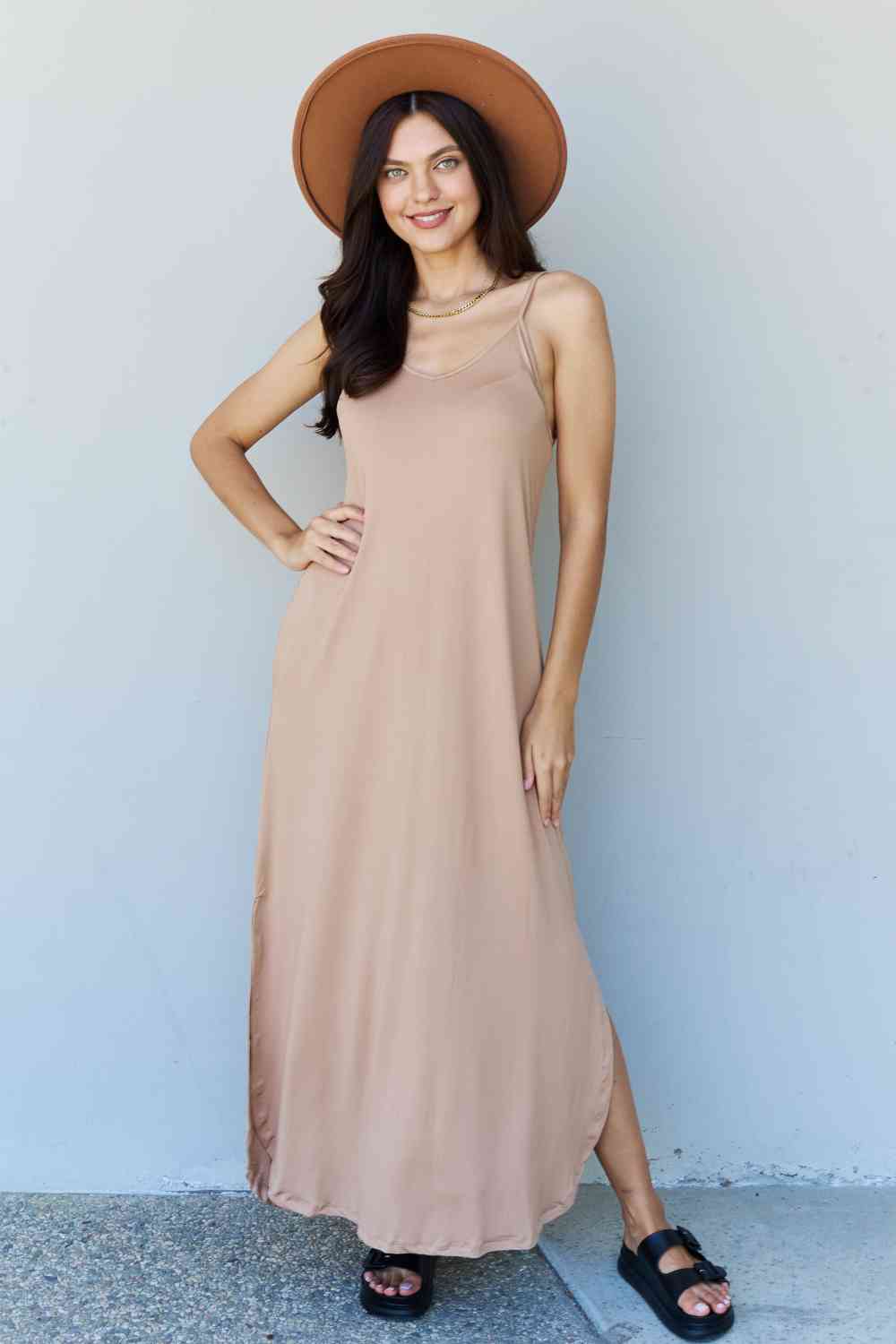 Ninexis Good Energy Full Size Cami Side Slit Maxi Dress in Camel Camel for a perfect OOTD – dress to impress outfits from Amexza