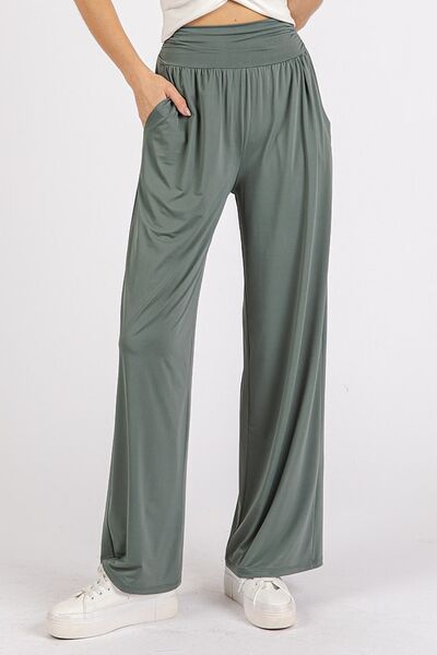 Mittoshop Stretch Banded Waist Wide Leg Pants with Pockets Army Green for a perfect OOTD – dress to impress outfits from Amexza