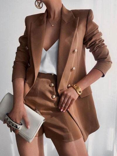 Lapel Collar Long Sleeve Blazer and Shorts Set Caramel for a perfect OOTD – dress to impress outfits from Amexza