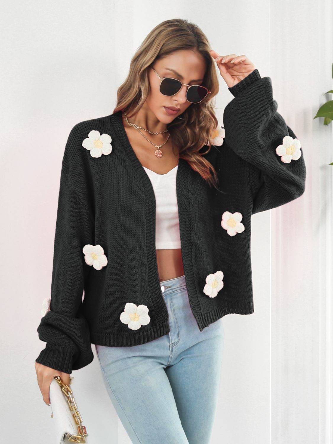 Floral Open Front Long Sleeve Cardigan Black for a perfect OOTD – dress to impress outfits from Amexza