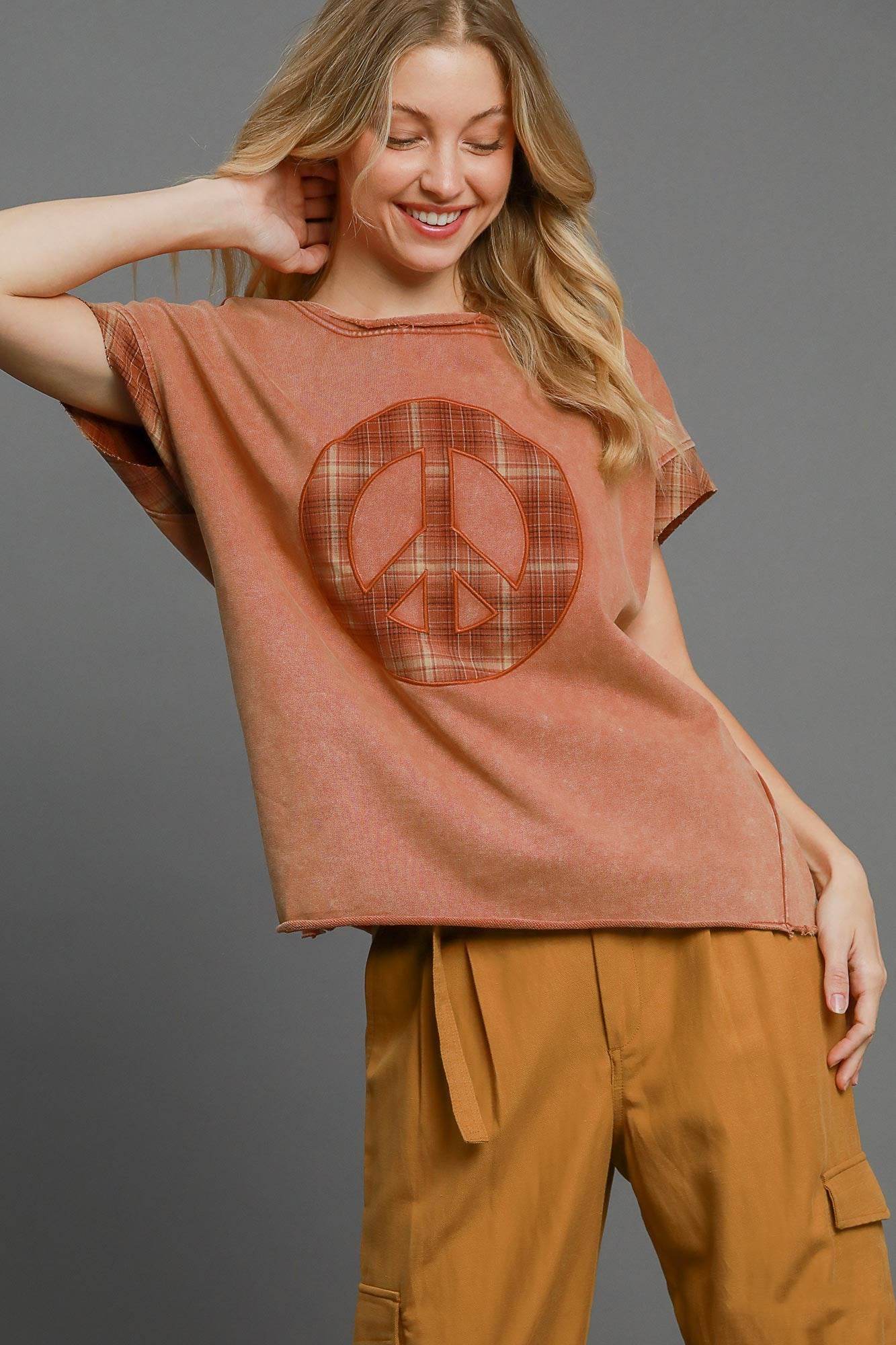 Umgee Peace Applique Round Neck French Terry Top Terracotta for a perfect OOTD – dress to impress outfits from Amexza