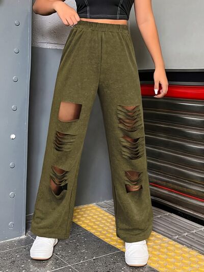 Distressed Elastic Waist Straight Leg Pants - Amexza