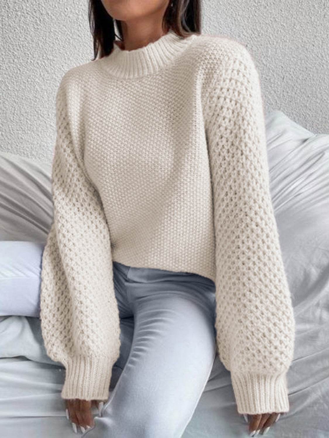 Openwork Mock Neck Long Sleeve Sweater for a perfect OOTD – dress to impress outfits from Amexza