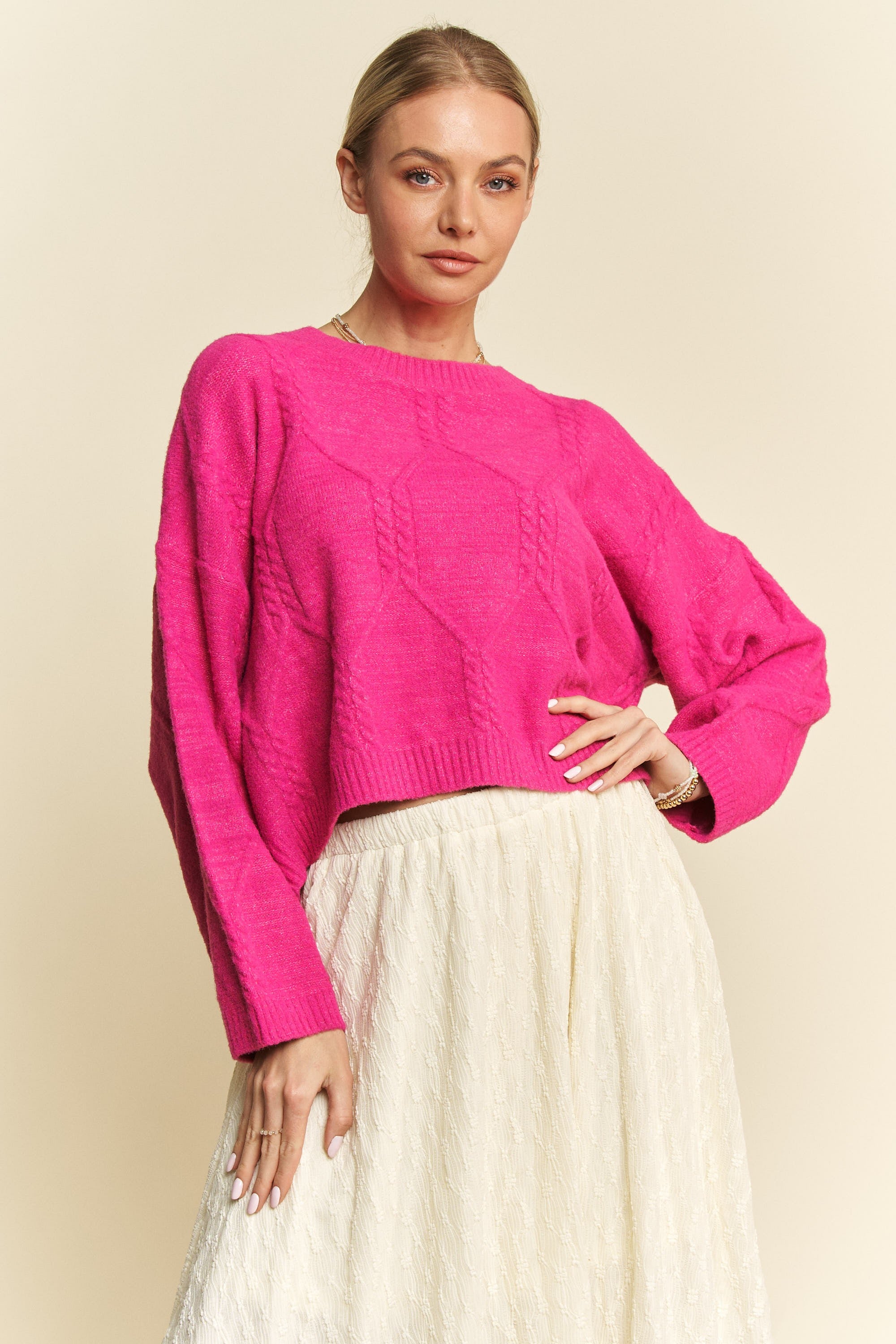 Davi & Dani Diamond Cable Pattern Drop Shoulder Sweater Pink for a perfect OOTD – dress to impress outfits from Amexza