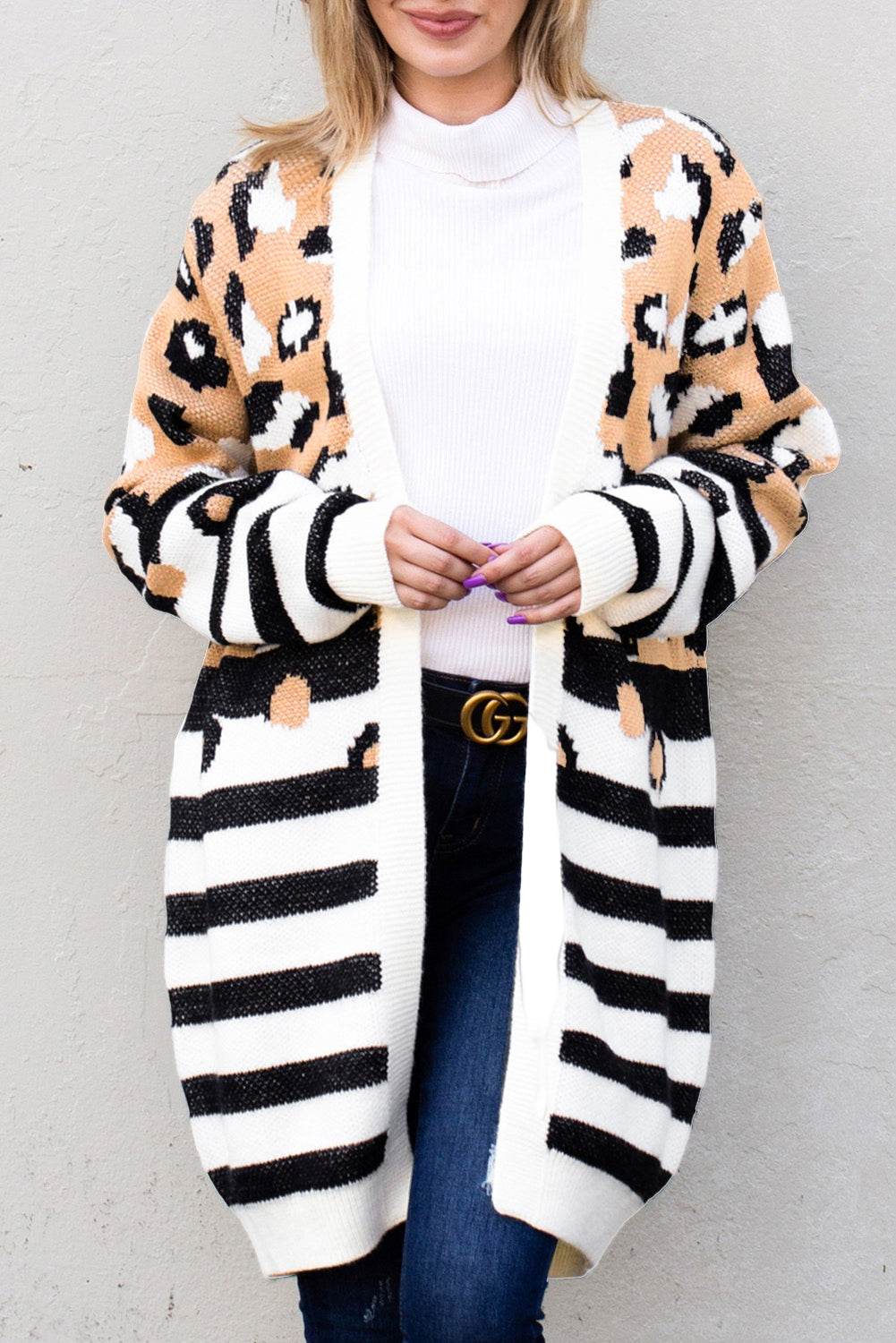 Striped Open Front Longline Cardigan Zebra for a perfect OOTD – dress to impress outfits from Amexza