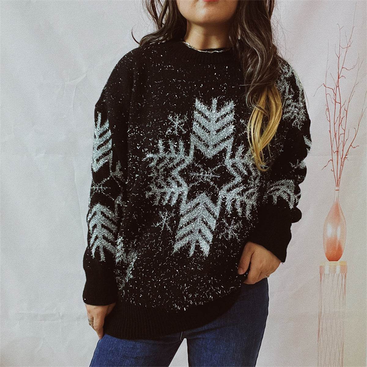 Snowflake Pattern Long Sleeve Sweater Black for a perfect OOTD – dress to impress outfits from Amexza
