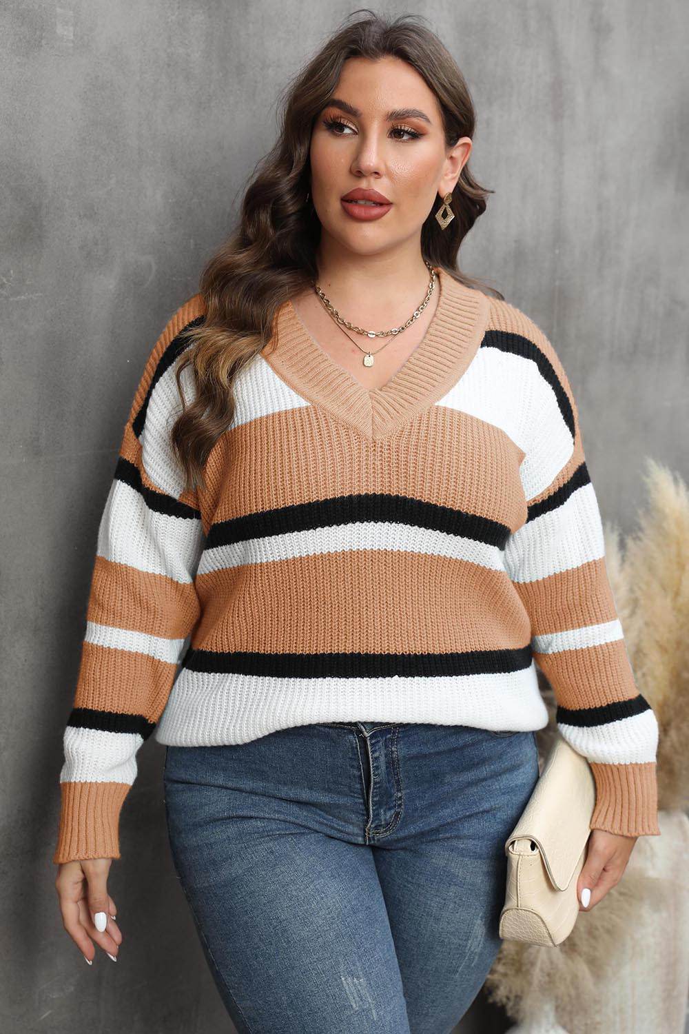 Plus Size Striped V-Neck Dropped Shoulder Sweater Camel for a perfect OOTD – dress to impress outfits from Amexza